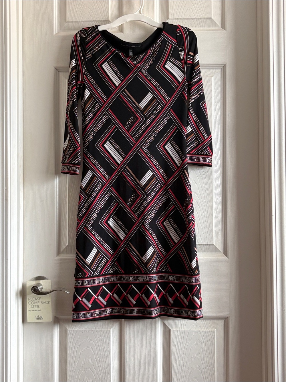 White House Black Market Black, Pink and White Geometric Long-Sleeve Shift Dress